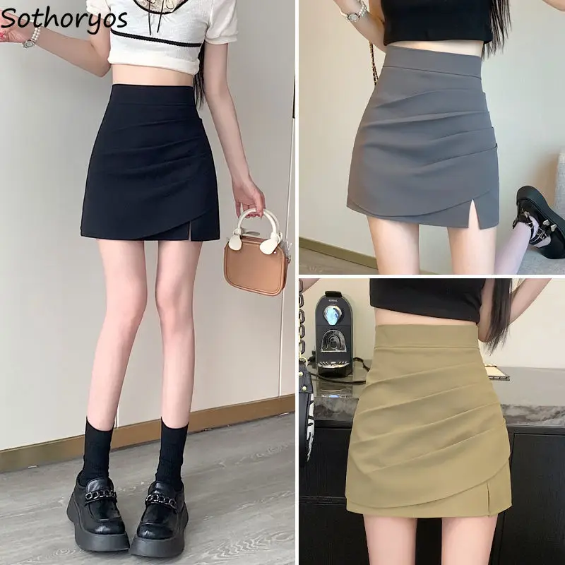 

Empire Skirts Women Elegant Folds Hotsweet Office Ladies Summer New Trendy Slim All-match Tender Korean Style Feminino Pure Mini