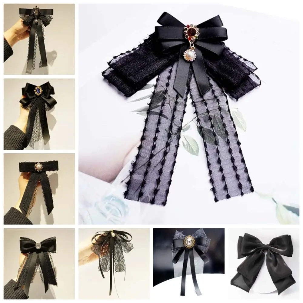 Rhinestone Pearls Tie Black Brooch Hand-beaded Lace Necktie Academic Style Tassels Decoration Shirt Tie JK Uniform Decoration