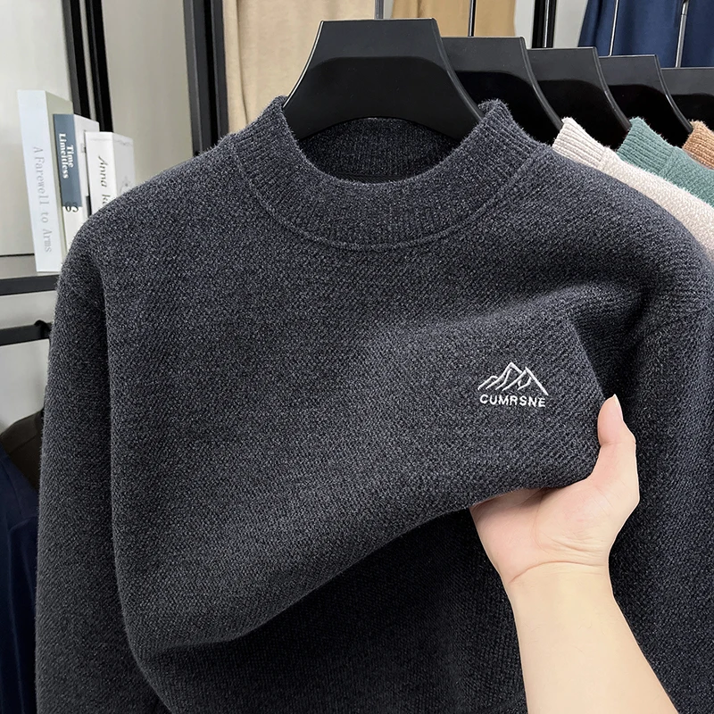 Half High Neck Sweater for Men in Autumn and Winter, with Thick and Warm Velvet Added, High-end One-piece Velvet Base Knit Top