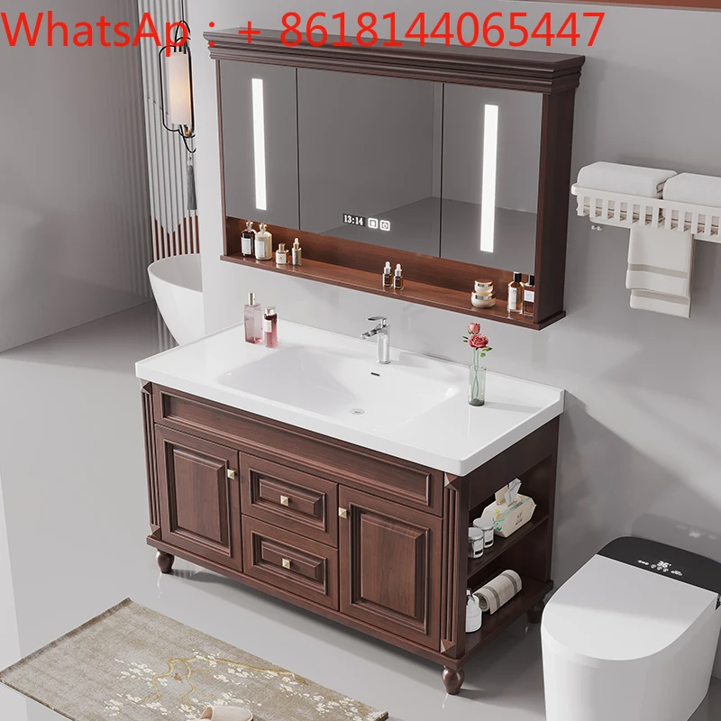 Bathroom Smart Mirror Cabinet Combination Oak Ceramic Integrated Basin Bathroom Marble Wash Table Basin Cabinet