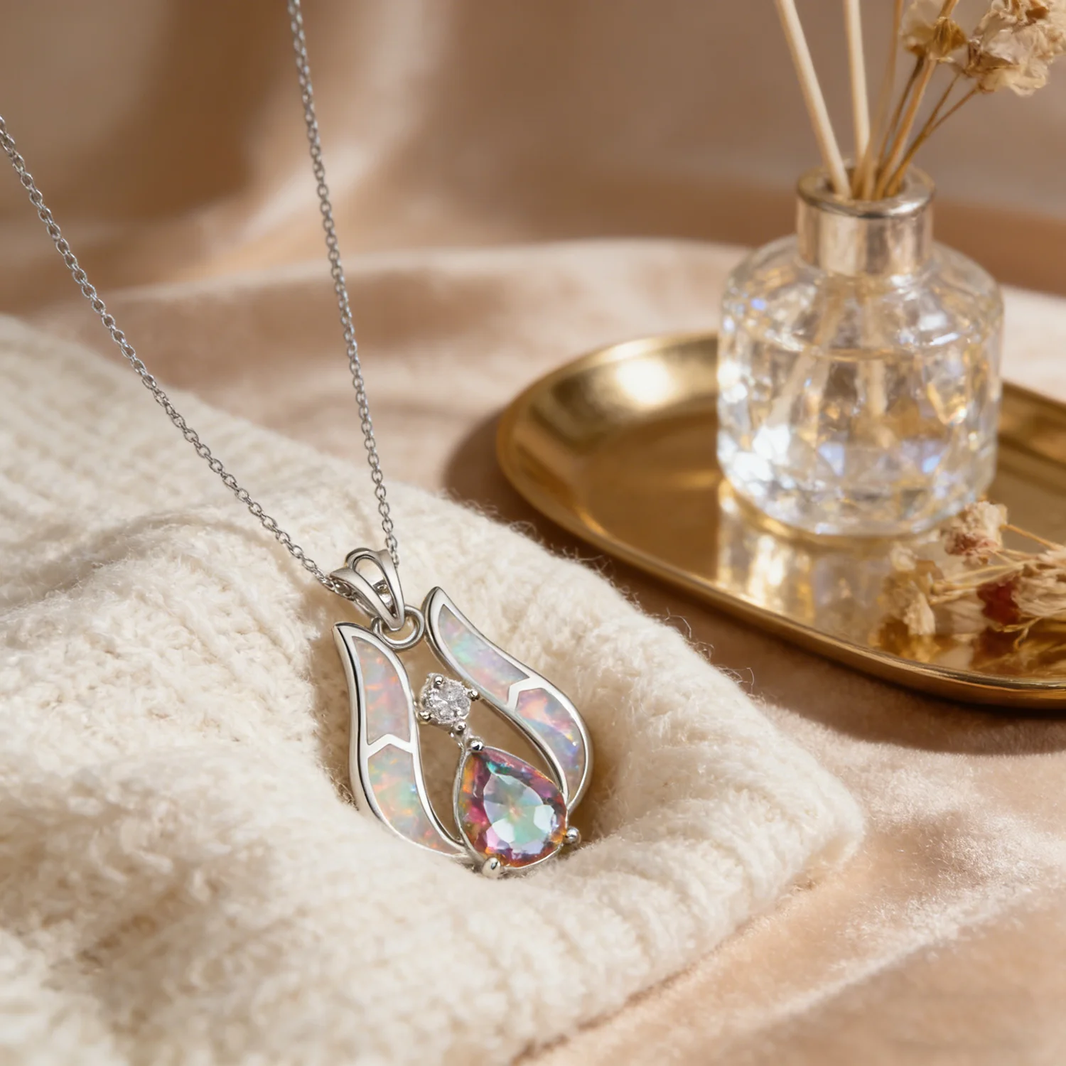 Dreamy Cloud Opal Necklace,Mystic Fire Rainbow Opal Pendant,Symbol of Luck and Dreams,Magical Gift for Girlfriend Women Birthday