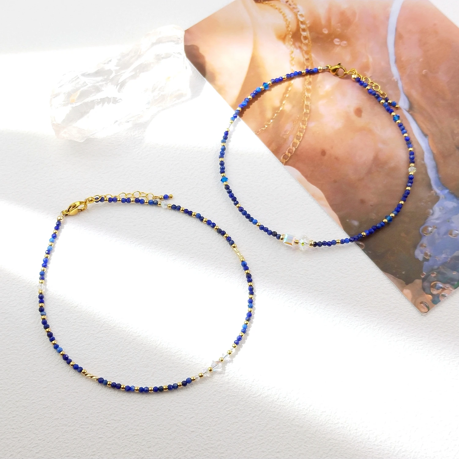 Lii Ji Natural Stone Lapis Lazuli 2mm Beaded Anklet Austrian Crystal 14K Gold Filled Handmade Sparkling Jewelry For Women Gift