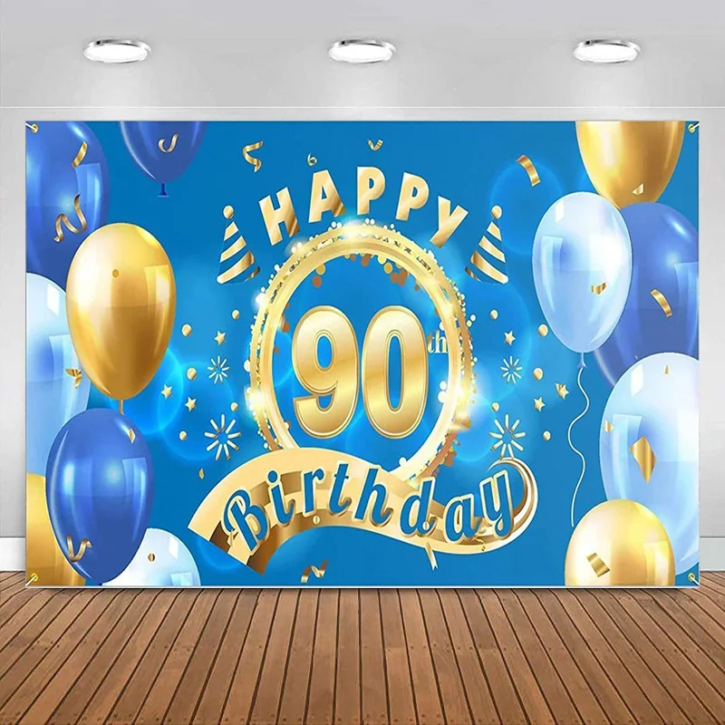 

Happy 90th Birthday Backdrop Banner Decor Blue balloon Party Theme Decorations for Men Women Supplies Photography Background