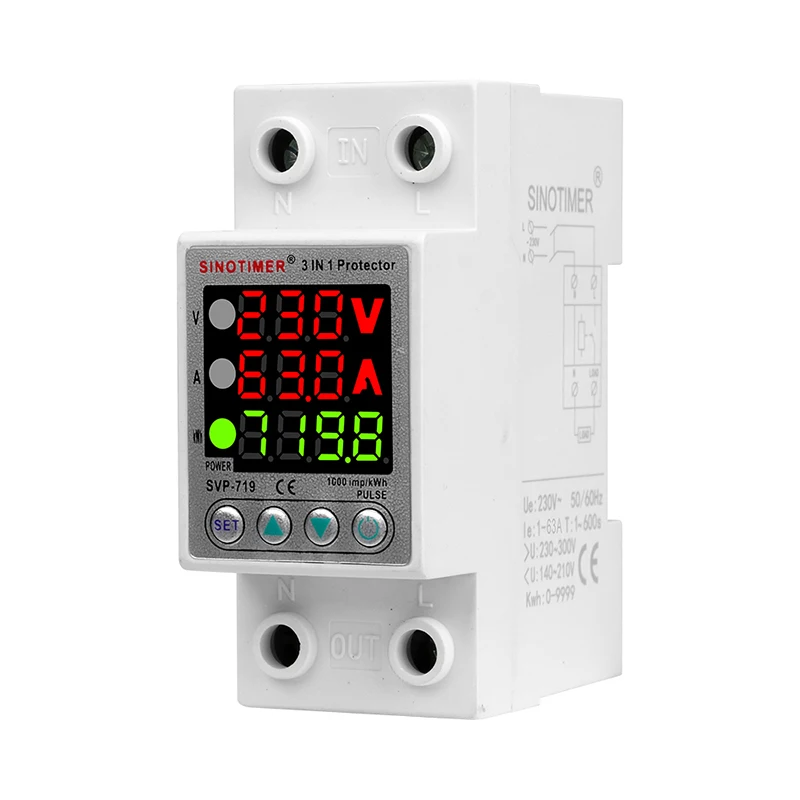 New 220V Adjust Voltage Relay Over Under Voltage Protector Over Current Limit Wattm 63Aeter KWH Energy Meter Power Comsumption