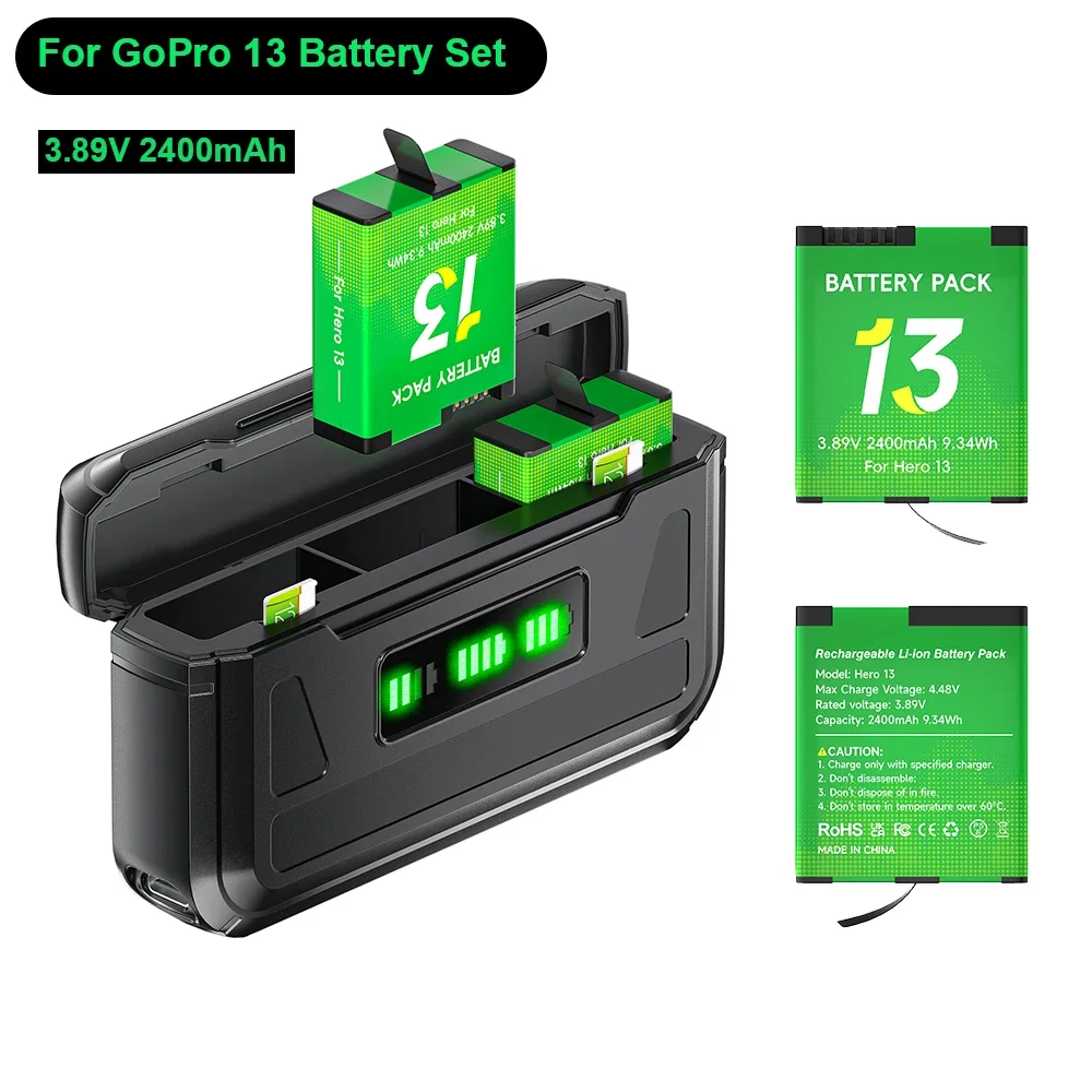 2400mAh for GoPro Hero 13 Battery + 3-Slots LCD USB-C Charge Black Battery Charger for GoPro 13 Gopro13 Go Pro 13 Battery Camera