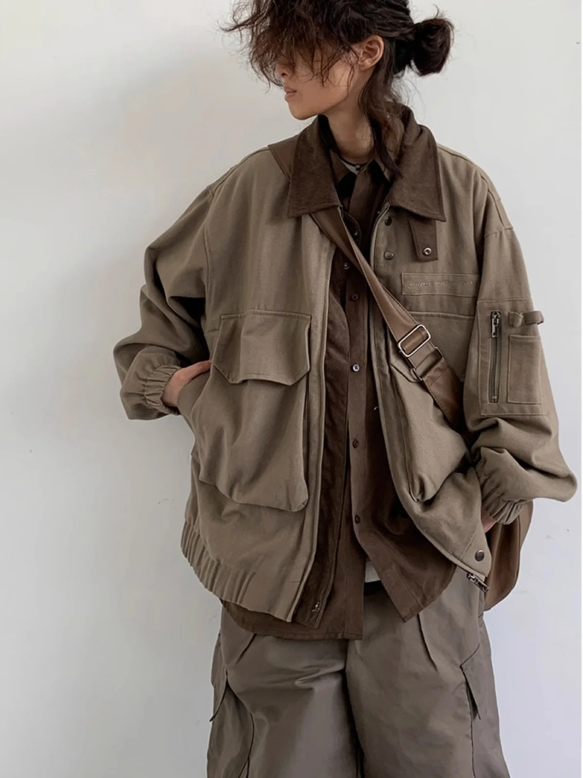 

Retro Japanese Sle Workwear Jaet Spring Autumn Loose Splice Large ket Waste Land Sle Outerwear for Men And Women