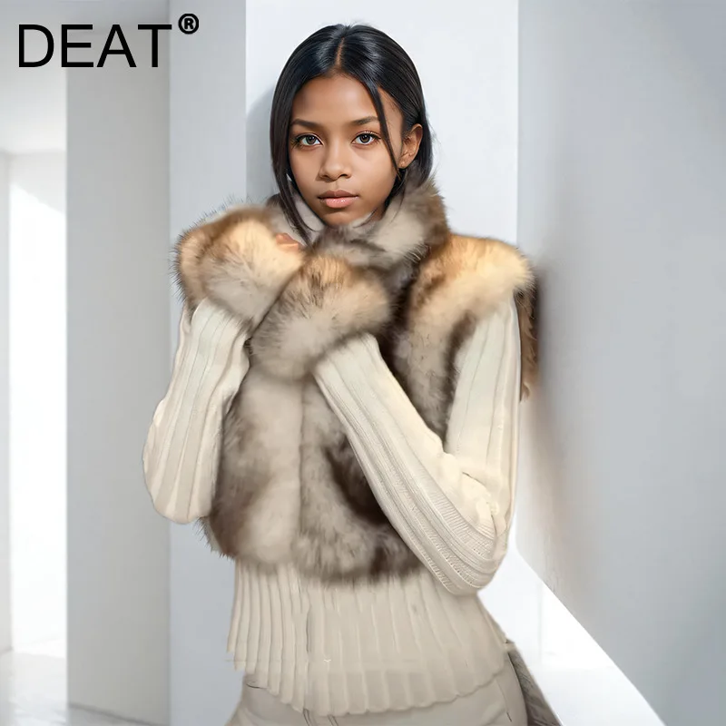 DEAT Women's Fashion Patchwork Faux Fur Collar Knitted Pullover High Street Sweater Female Trend 2024 Winter New Item 11A01867