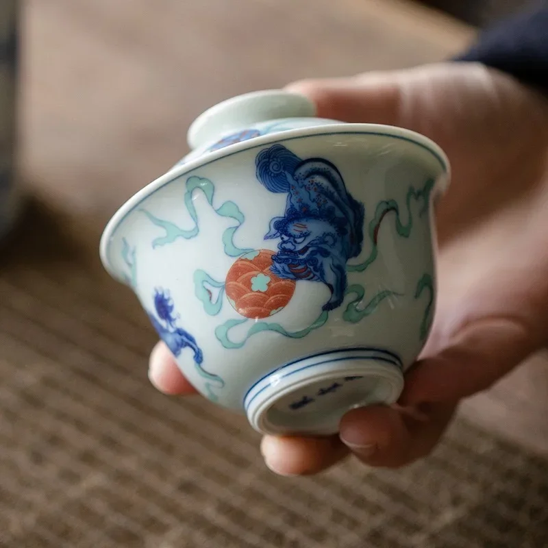 120ML Jingdezhen Antique Color Blue and White Ercai Cover Bowl Ceramic Retro Tea Making Bowl Teapot Underglaze Red KungFu TeaSet