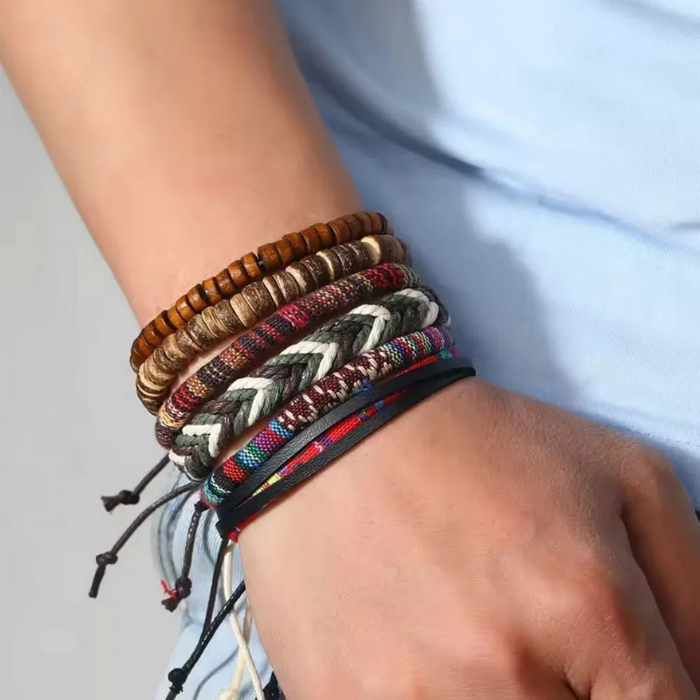 6-قطعة/المجموعة سوار البوهيمي المنسوجة يدويا سوار حبل العرقية نمط ملون خشبي حبة سوار للنساء الرجال للجنسين مجوهرات جديد #1