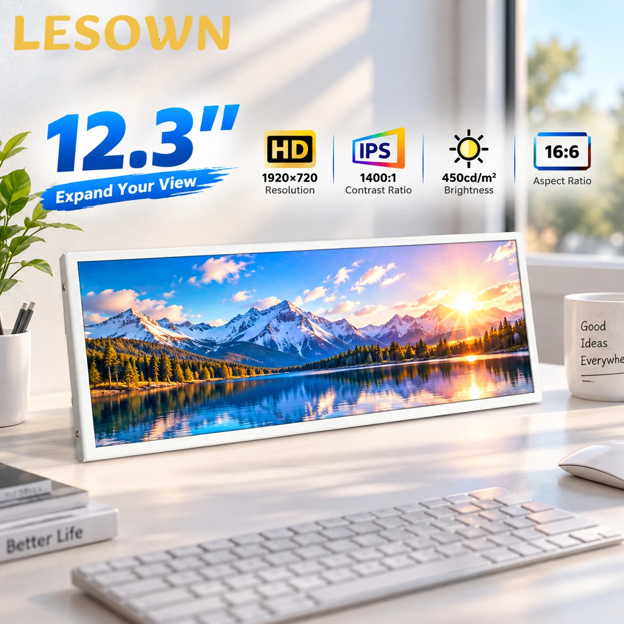 LESOWN 12.3 Inch 1920x720 Ultrawide Touchscreen Portable Monitor Type-C VESA Speaker HDTV Display for Laptop Desktop Car PC