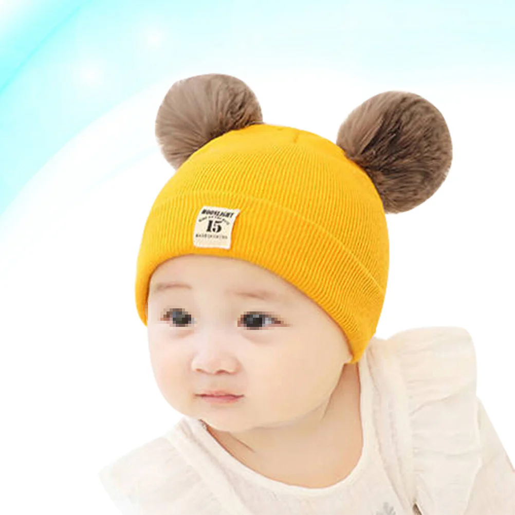 

Kids Autumn Winter Hat Bear Ears Yellow Thick Wool Knitted Baby Crochet Beanie Warm Knit Cap Kids Hat Wool Cap