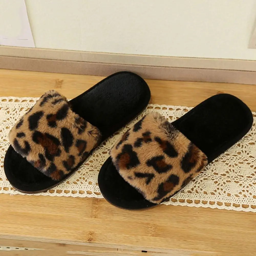 ทนทาน Anti SLIP Leopard Fluffy รองเท้าแตะลื่นสบายๆหนารองเท้าแตะห้องนอนรองเท้าบ้าน Soft Plush รองเท้าแตะในร่ม