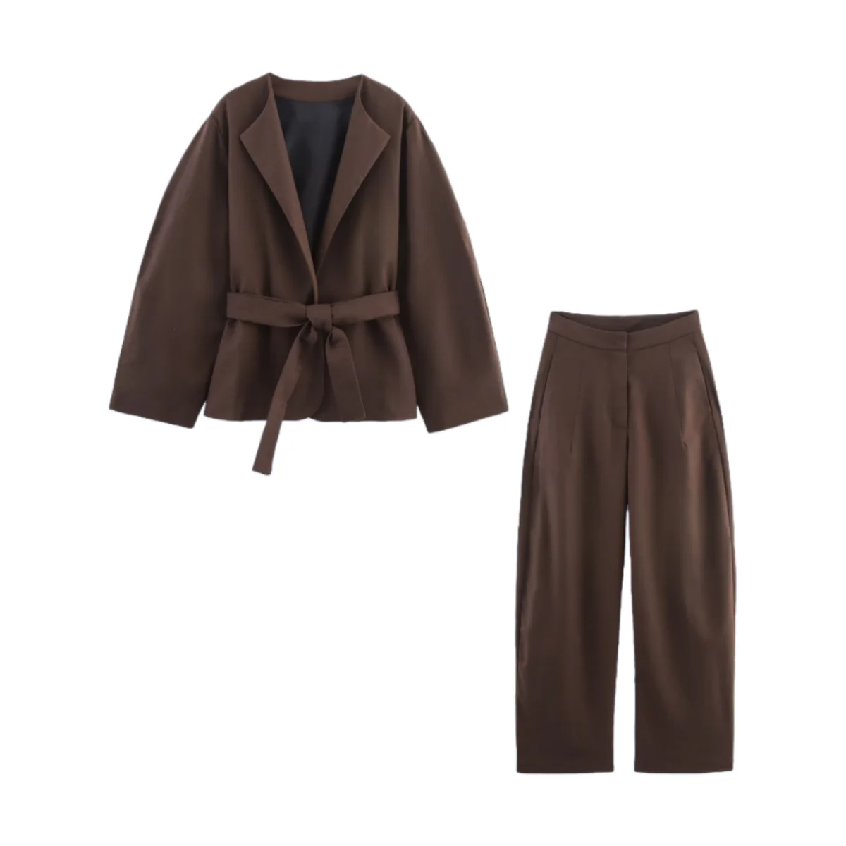 PB & ZA2025 خريف جديد أزياء نسائية غير رسمية بسيطة فضفاضة مع حزام كم طويل رقبة مستديرة سترة + بنطلون متوسط الخصر #1