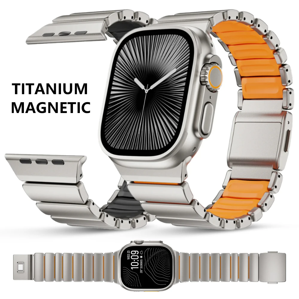 

Titanium Rubber Strap for Apple Watch Ultra3 2 Band 49mm Men Magnetic Bracelet for Iwatch 11 10 46mm 9 7 8 45mm 6 5 4 SE3 44mm