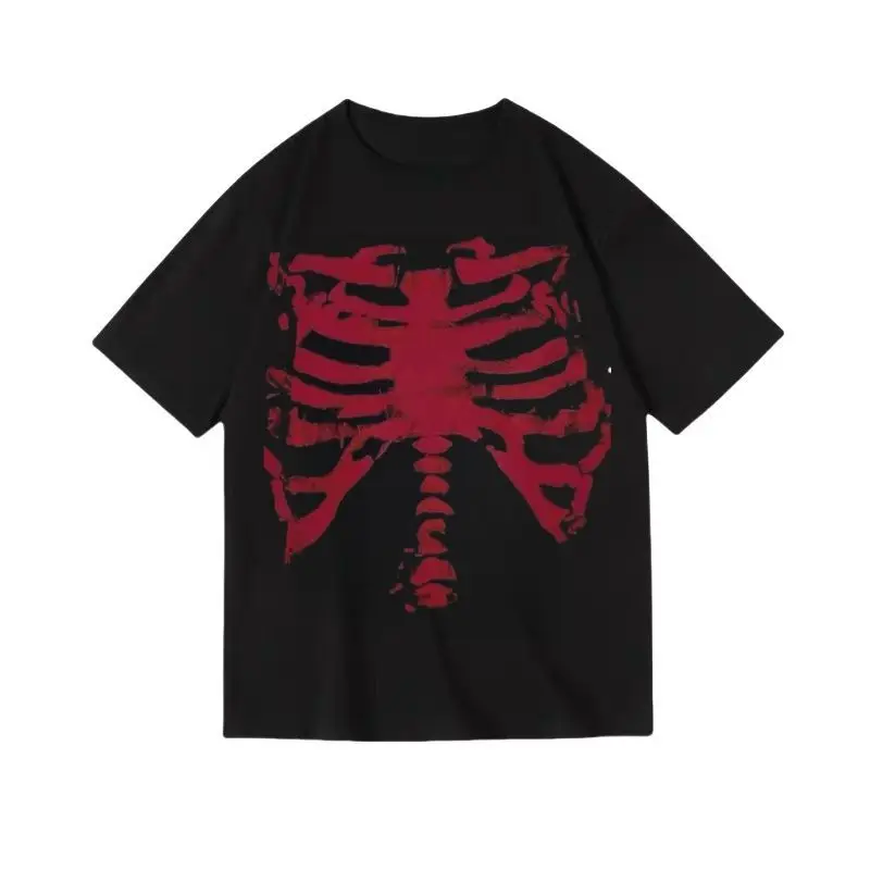 

25 Summer High Street Print Black Red Skull Dark Print Y2K 100% Pure Cotton Short-sleeved Cotton T-shirt Men's and Women's Top