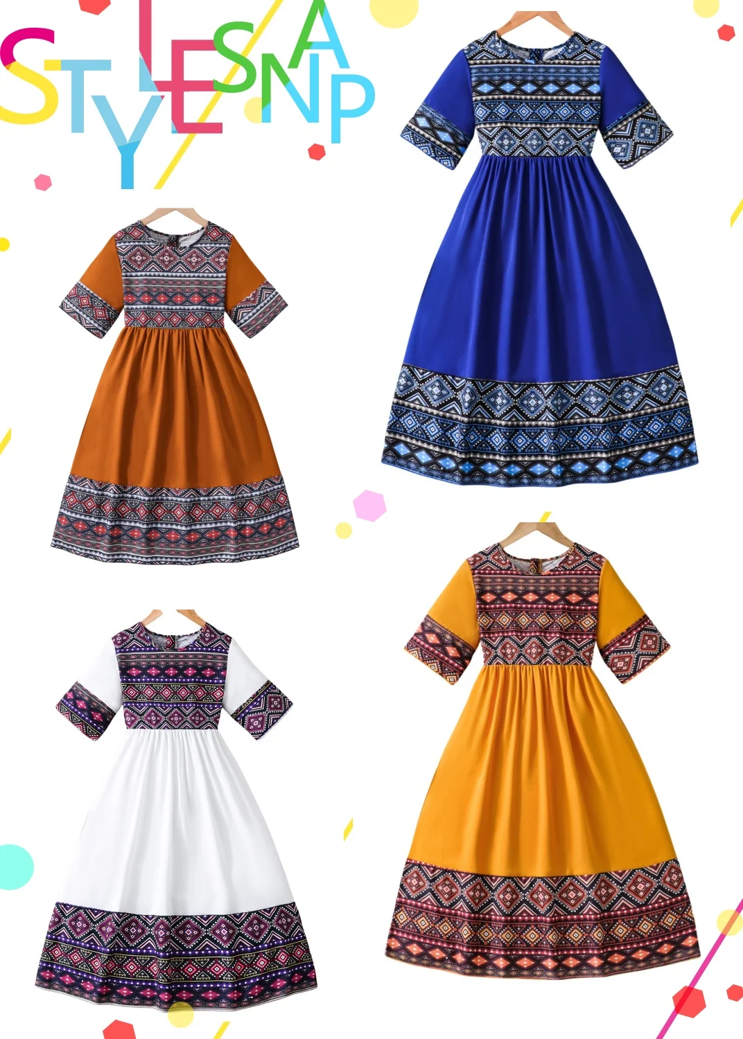 Robe trapèze bleue simple et élégante pour filles, robe de princesse pour enfants, mode rétro, style national, roman unique, été