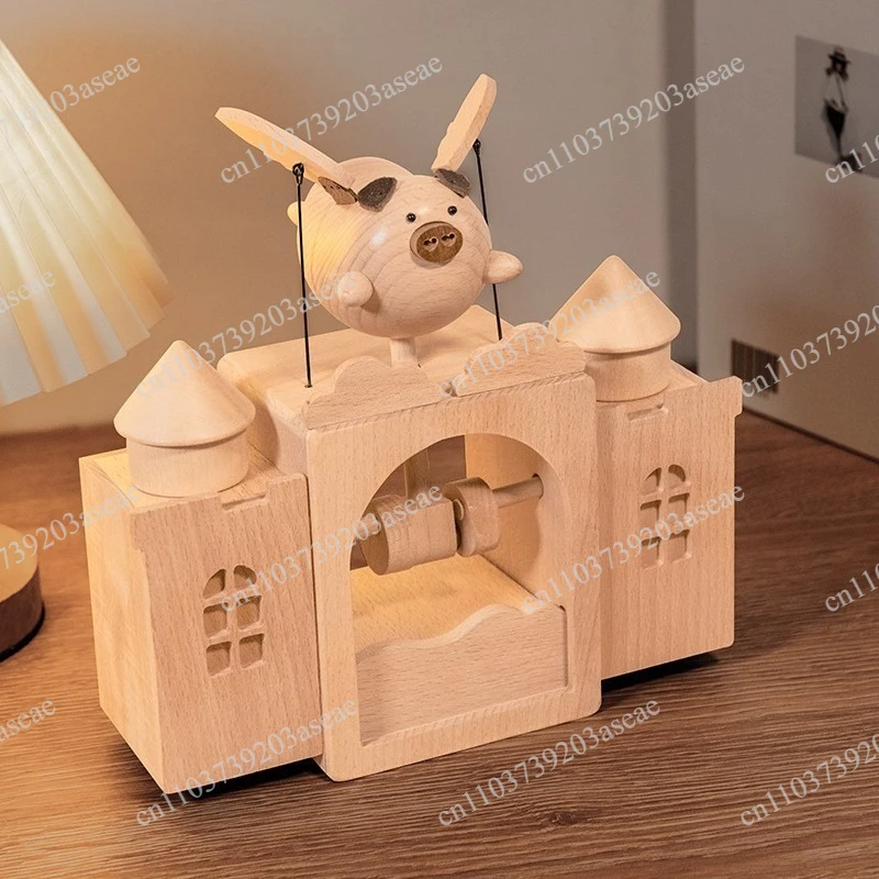 Wooden electric castle little flying pig music box, creative gifts, desktop ornaments, handmade wooden handicrafts