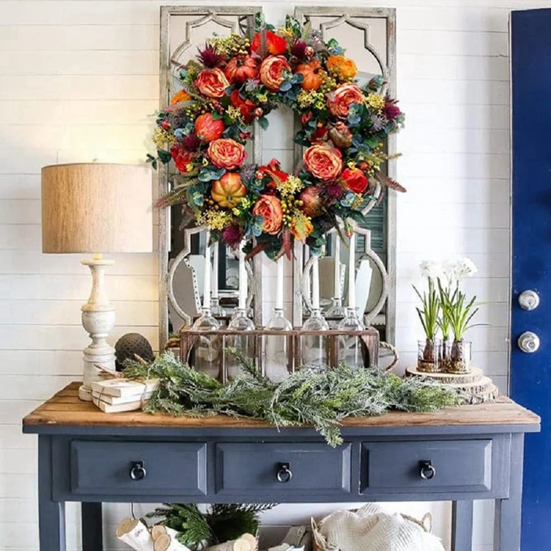 17.7-Inch Autumn Wreath Fall Wreaths for Front Door Outside,with Pumpkin Berries Suitable for Halloween Thanksgiving-AT35