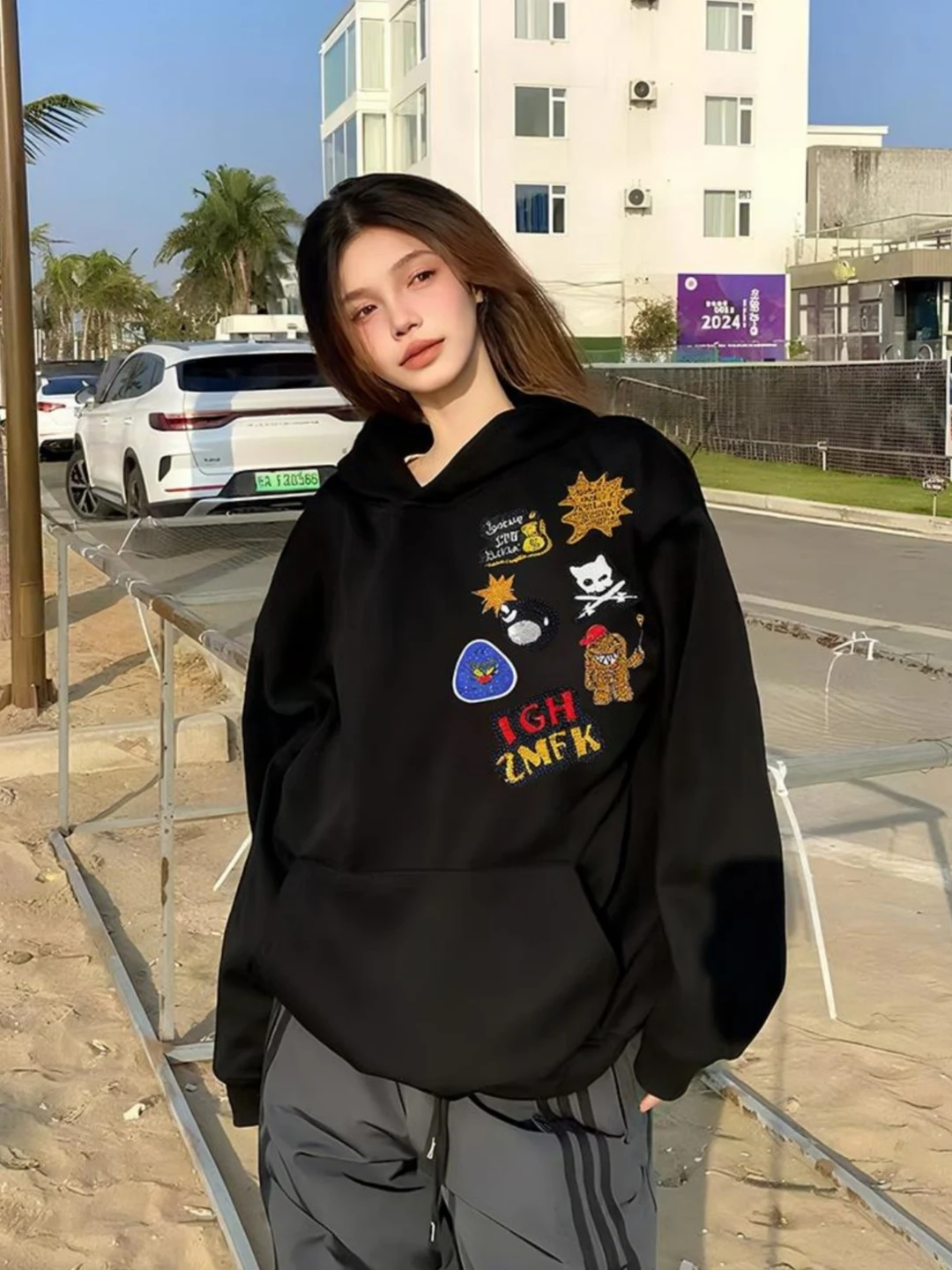 

American High Street Printed Hoodie Women Early Autumn Thin Loose Trendy Oversize Jaet Retro High-End Feel Polyester Fiber