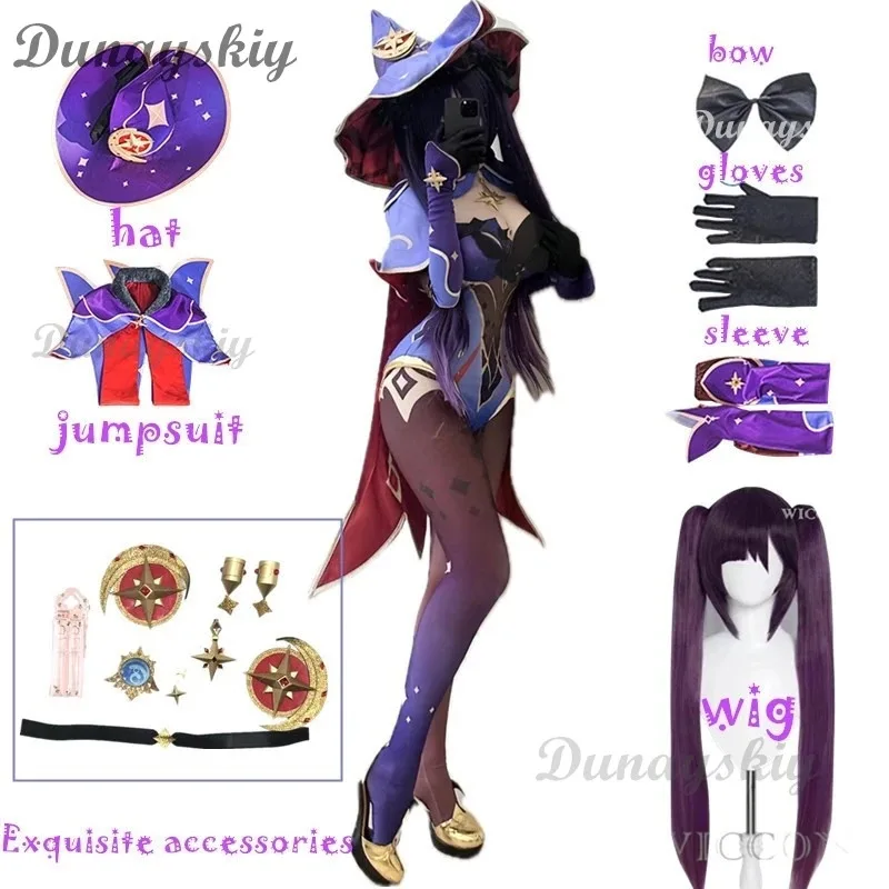ชุดคอสเพลย์โมนาจากอนิเมะเกม Genshin Impact ชุดจั๊มสูทสำหรับฮาโลวีน ชุดแฟนซีสำหรับผู้หญิงสำหรับงานคาร์นิวัล ปาร์ตี้ ชุดยูนิฟอร์มเซ็กซี่ พร้อมวิกผม