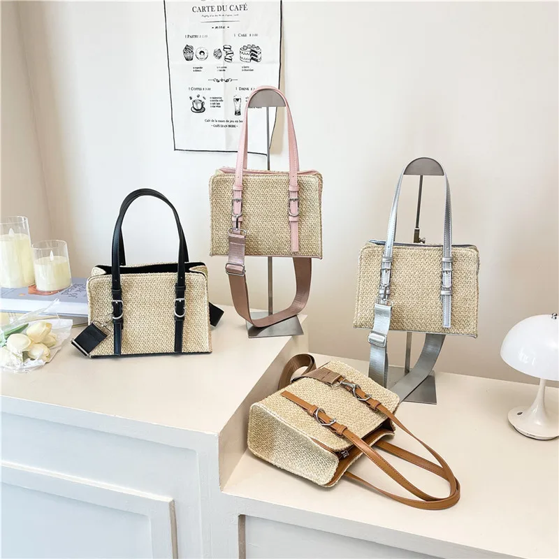 

2025 Новая модная сумка-тоут из иностранной соломенной ткани контрастного цвета, трендовая легкая роскошная прочная сумка для мамы и ребенка