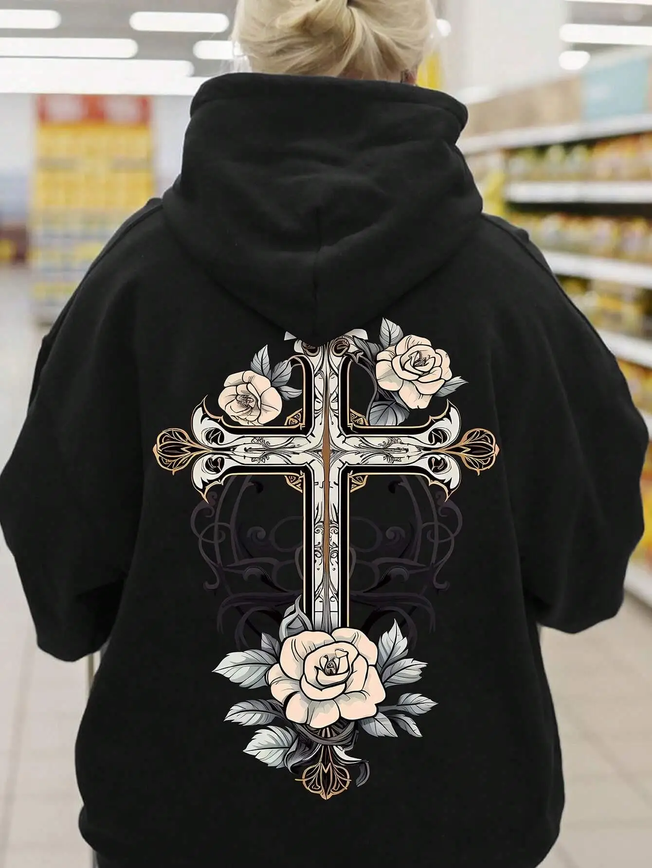 Vintage Floral Cross Printed Hoodies Street Women Sweatshirts Comfortable Crewneck Pullover Loose Fleece Female Tops Clothes