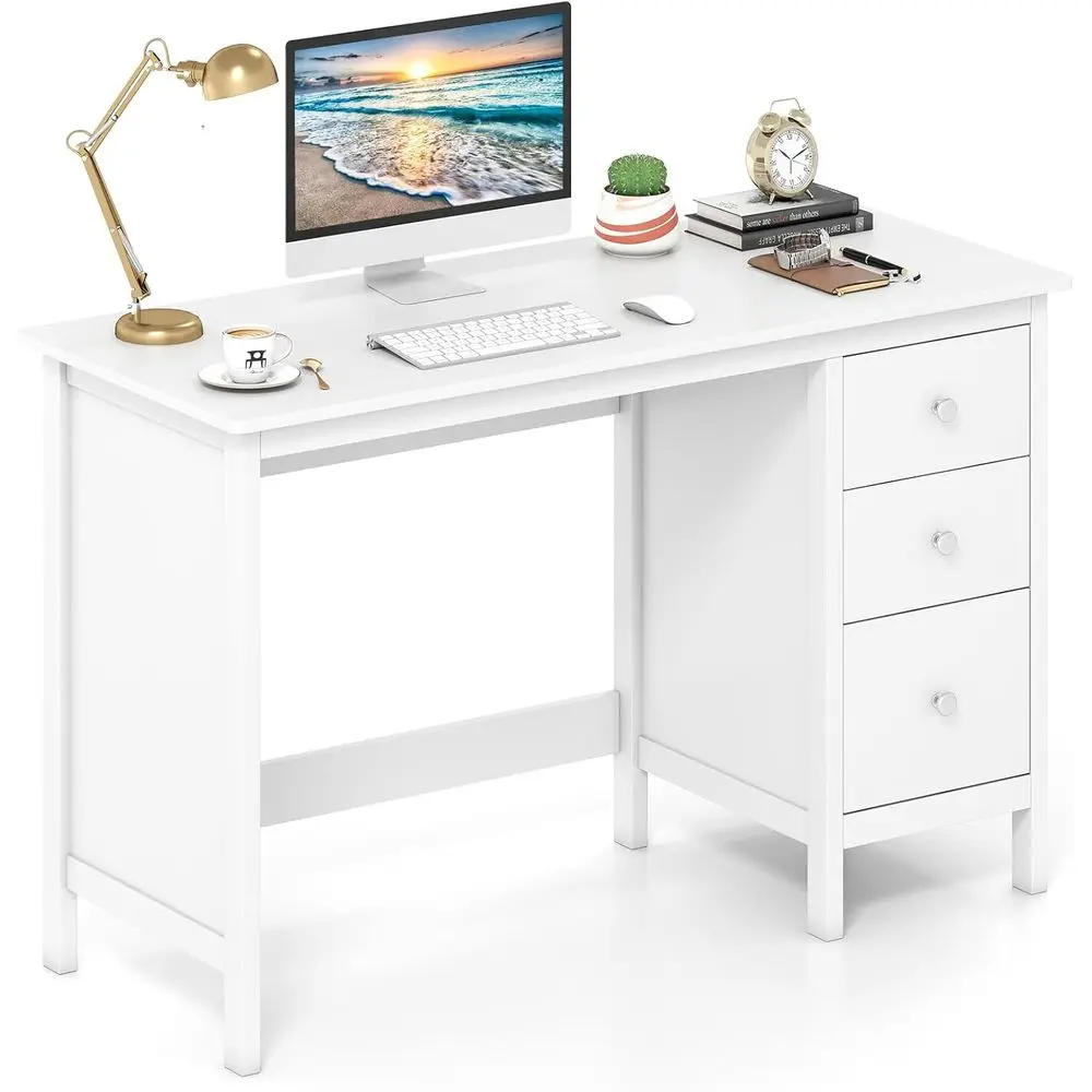 

White Wooden Laptop Desk with 3 Drawers - Study and Gaming Computer Workstation for Home Office