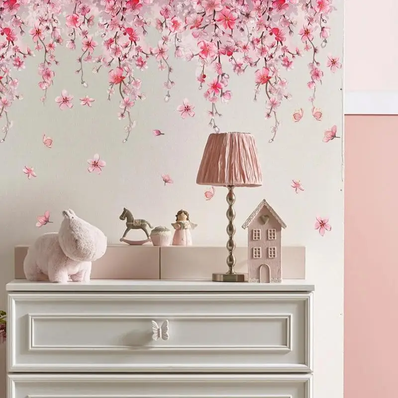 Pink Cherry Blossom Wall Decals Renter Friendly Self-Adhesive Waterproof Wall Stickers for Apartment Living Room Decor