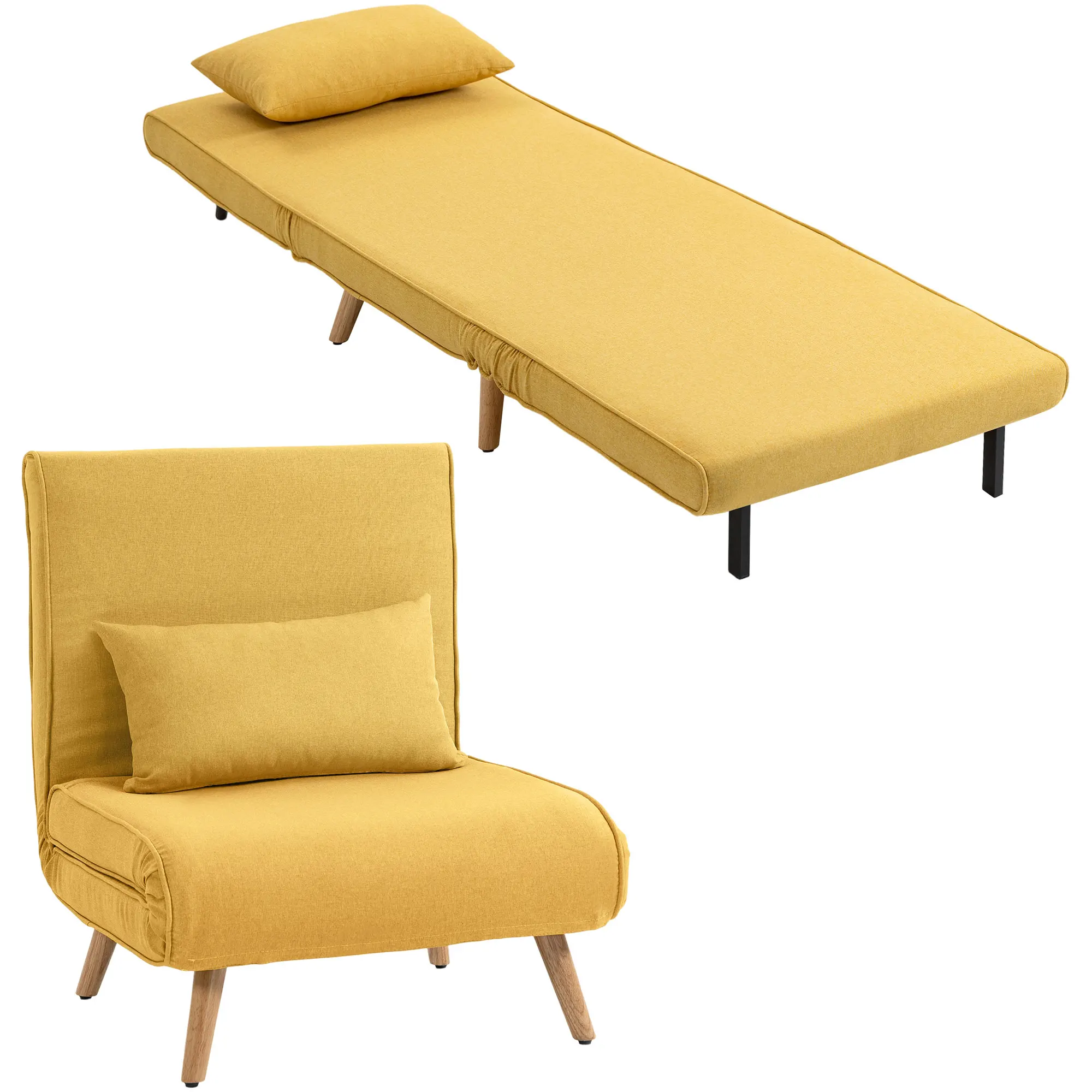 HOMCOM Sofá Cama Individual Tapizado en Lino con Respaldo Ajustable Amarillo