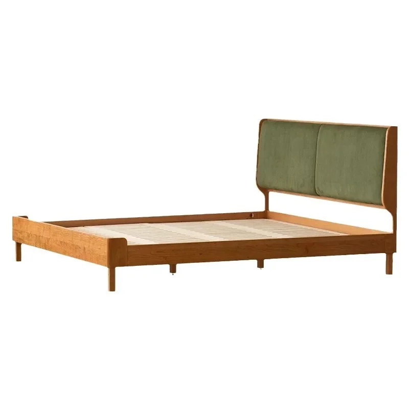 Solid wood soft bag bed, cherry wood Japanese furniture master bedroom double retro bed