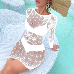 Hot Beach Dress Cover Up Bikini Women See Through Swimsuit Cover-up Underwear Beach Wear Sexy Long Sleeve Dress Dropshipping