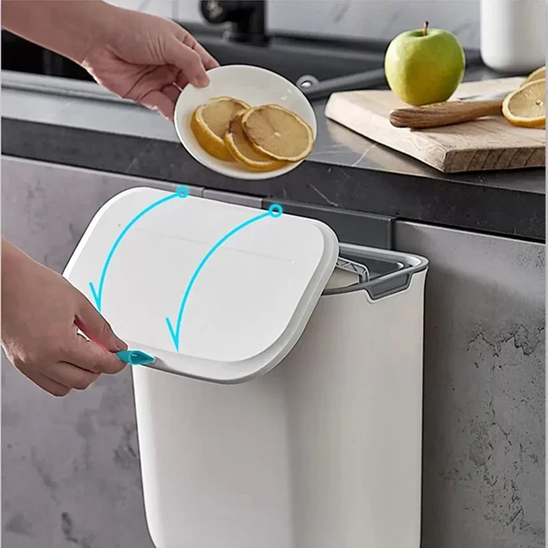 7L/9L Kitchen Trash with Cover Home Cupboard Door Wall-mounted Hanging  Creative Storage Toilet Bathroom Paper Basket Papelera