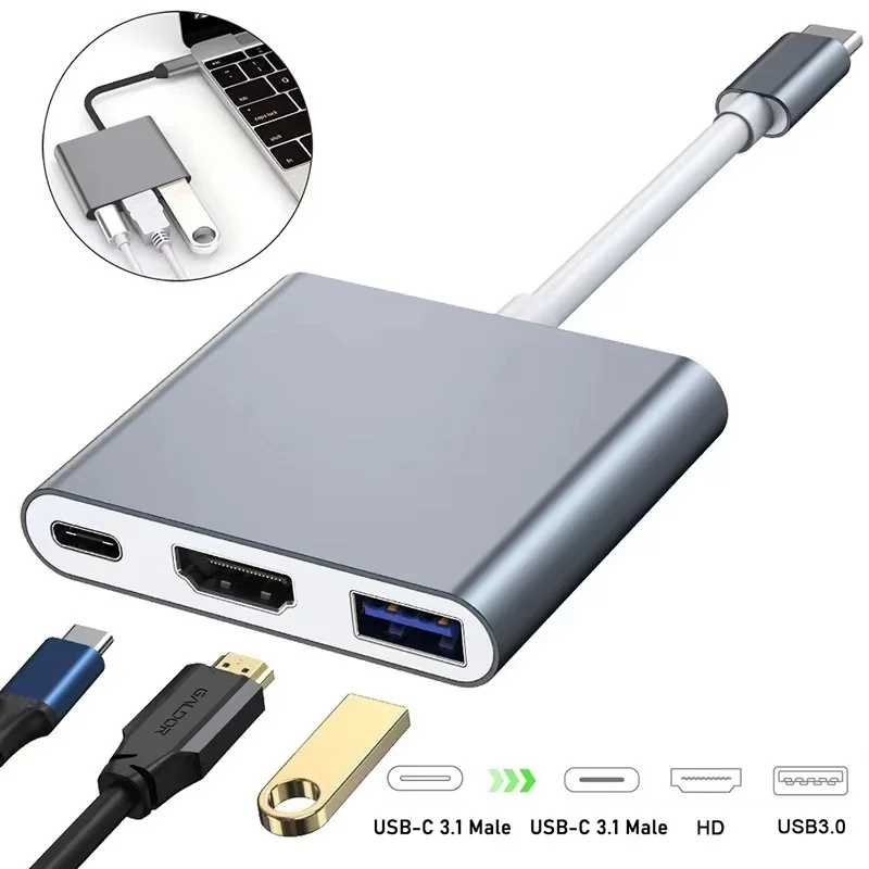 3-In-1 USB C Hub With 60W Type C Power 4K HDMI-compatible Docking Station Portable Adapter Multiple Port Hub For MacBook Phone