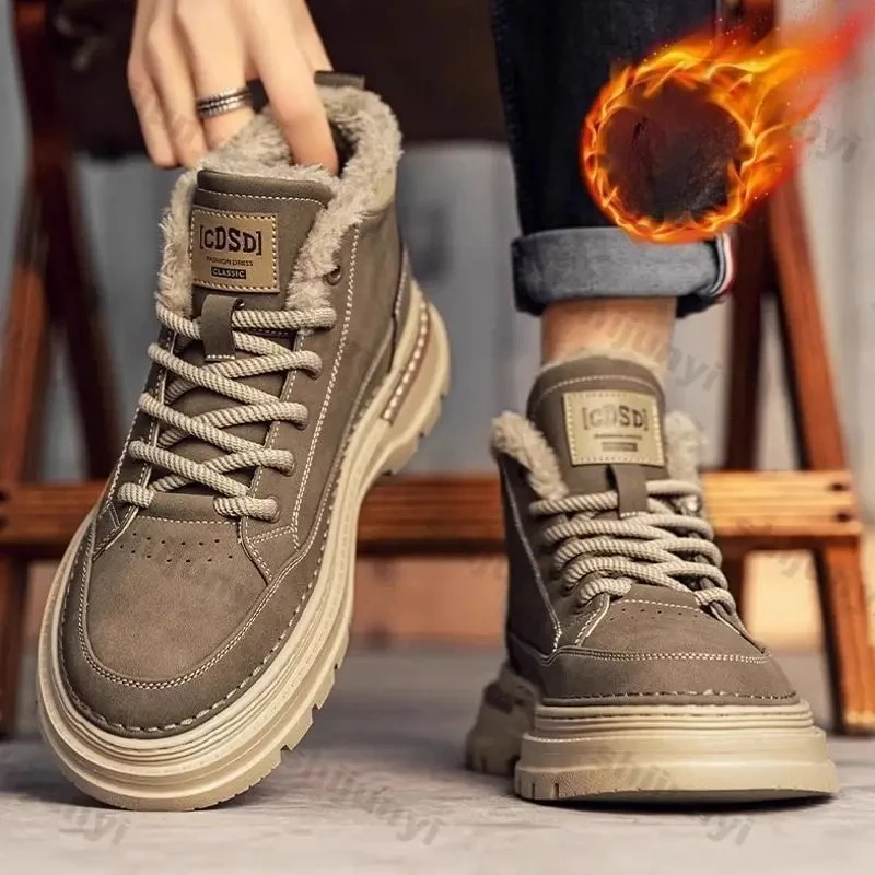 

LiveDay Men's Leather Snow Boots For Men Thick Soled Outdoor Casual Padded Shoes Winter Fashion Design Anti-Slip Ankle Boots