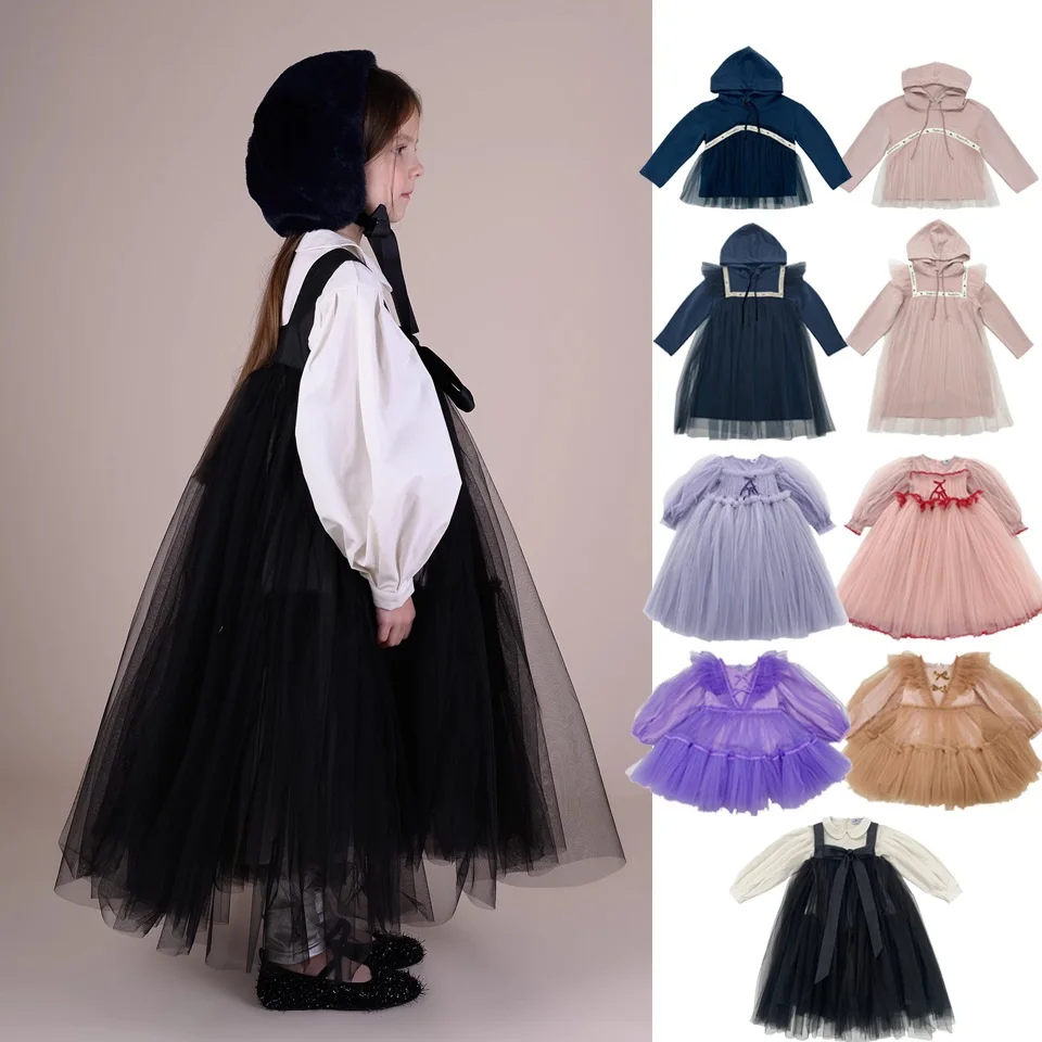 

Girl Dress 2024 New Autumn and Winter Mesh Gauze Skirt With Hooded Pants Set Girls Slip Dress Children's Clothing