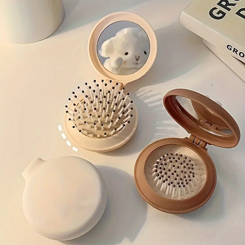 1 pc Mini Portable Compact Mirror Comb - Lightweight, Travel-Friendly, Bifold Design for Easy Hair Styling