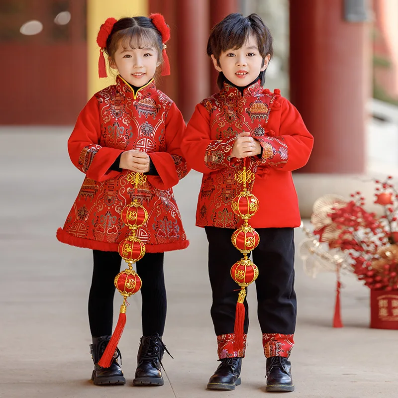 Téli gyerekek Új Esztendő ruhák gyerekeknek lányok ruhát Csípős íz Angol kosztüm cheongsam hanfu ruhát fiúk Bronzszínű kabátok Csípős íz Angol kosztüm