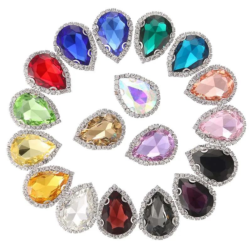 22 colori argento Base vetro strass di cristallo accessori per cucire, fibbia a forma di goccia cucire su pietre vestiti/fai da te/decorazione di