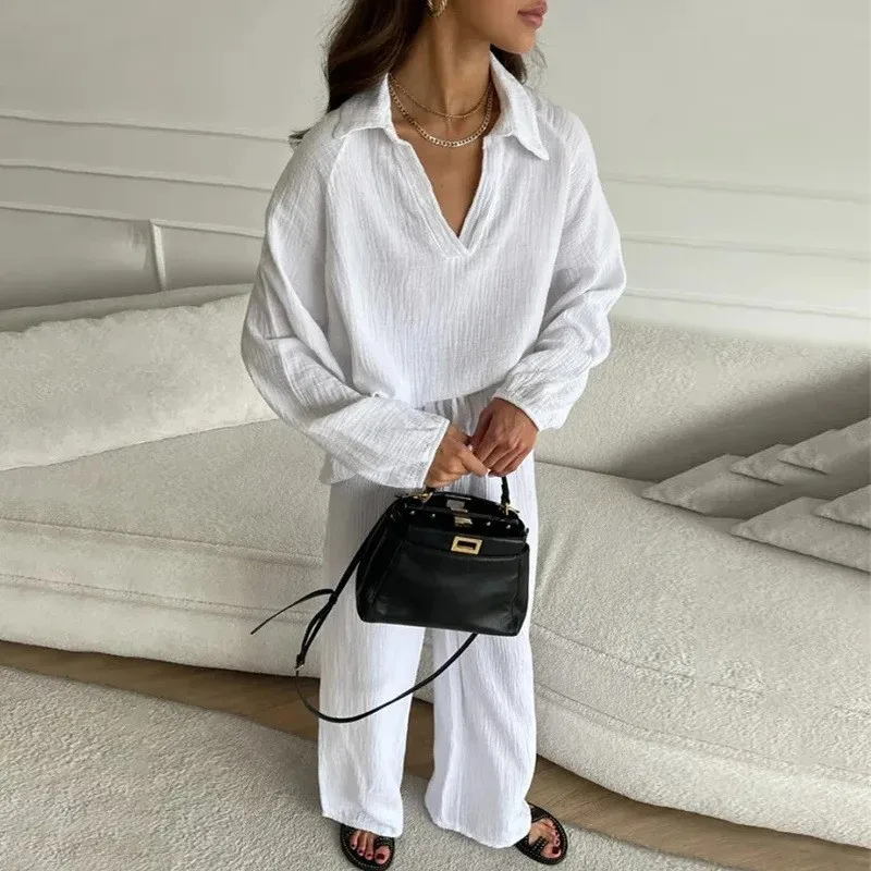 Loose Casual Top 2 Piece Set Women White Long Sleeve Turn-down Collar Tops Lace Up Trousers Set Female 2024 New Sping Pants Set