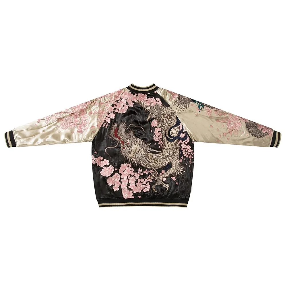 No Logo Reversible Double-sided Sukajan Souvenir Jacket Coats High Street Streetwear Yokosuka Sakura Dragon Embroidery