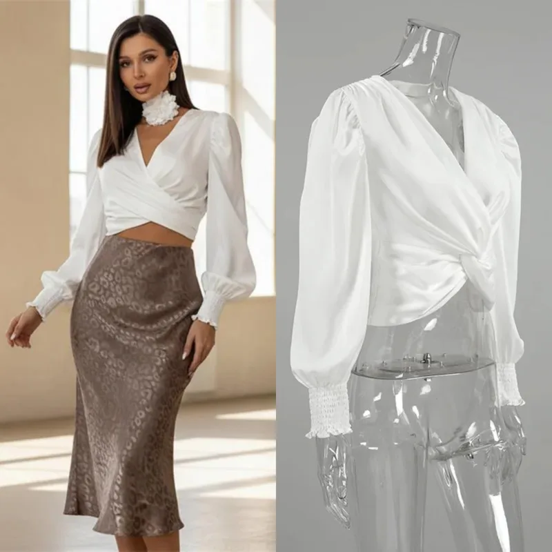 

Fashion Women French Style V Neck Puff Sleeve Blouse Elegant Lightweight Fabric Slim Fit Casual Office Daily Wear Spring Summer