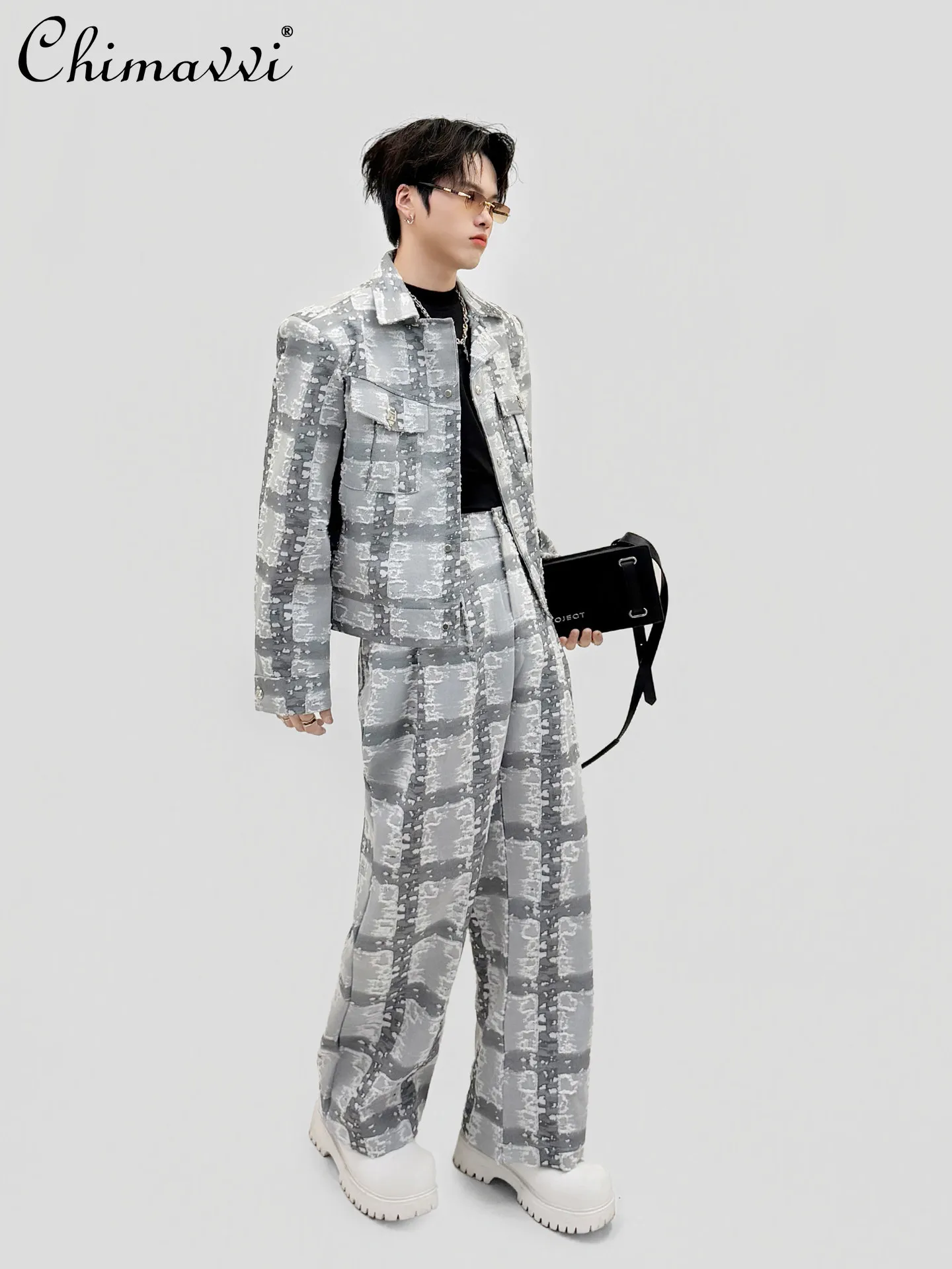

Korean Retro Fashion Casual Men's Outfits Plaid Single-breasted Short Jacket High Waist Straight Wide-leg Pants Two-piece Sets