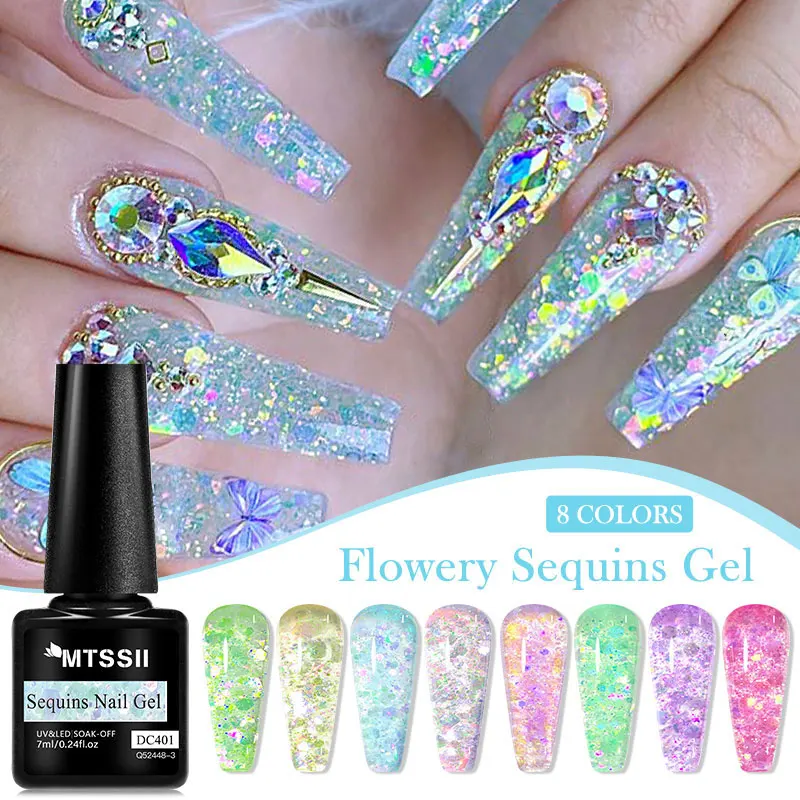 Mtssii 7ml Flowery Sequins Gel Nail Polish Soak Off LED Long-Lasting Glitter Shiny Nail Gel LED Lamp Needed Polish Nail Art Gel