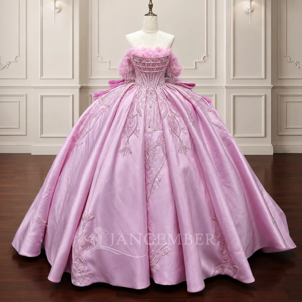 

Customized Sparkly Pink Quinceanera Dress Ball Gown Lace Beading Short Sleeves Tassel Tiered Sweet 16 Vestido De 15 Anos