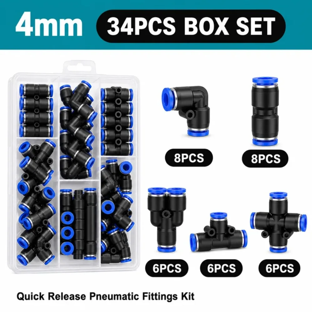 Pneumatic Push In Fittings Kit 4 6 8 10 12mm Air Hose Tube Quick Release Connectors Straight Elbow Tee Y Cross Storage Box