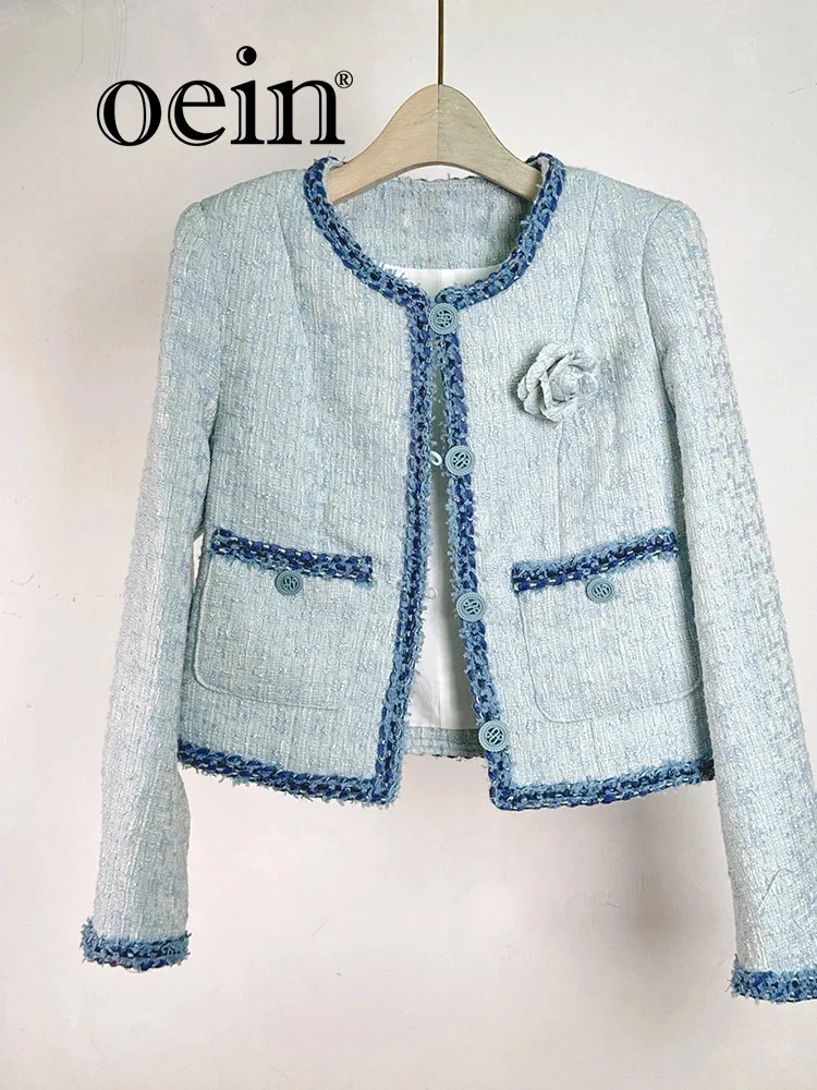 

[oein] French Blue Gentle Small Fragrance Style Jacket, Fashionable Design, Lace Round Neck Slim Fit Versatile Top For Women