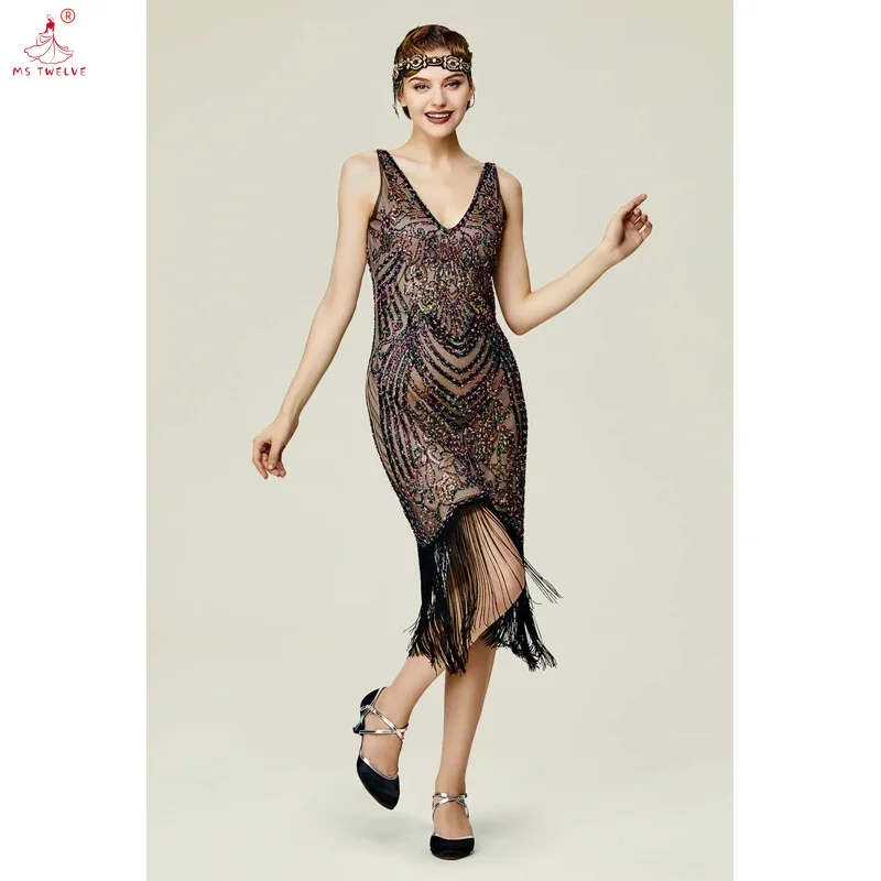

Vintage 1920s Flapper V-Neck Sequin Tassel Latin Dance Ballroom Women Great Gatsby Party Dress Elegant Beaded Sleeve