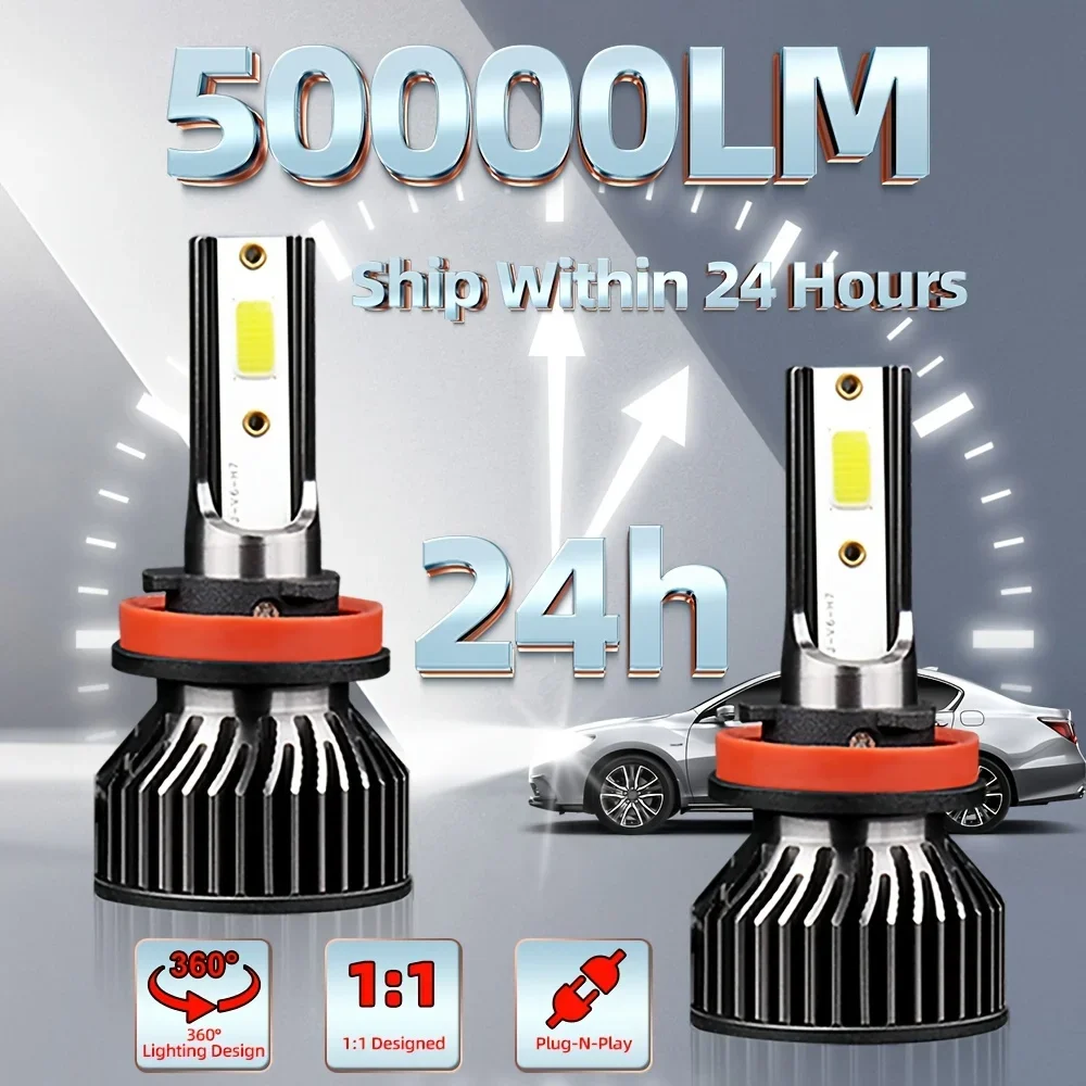 LED Headlight H1 H7 H11 9005 9006 H4 9004 9007 H13 50000LM High/Low Beam Fog Light Easy to Install Beam All In One COB Chip 2pcs