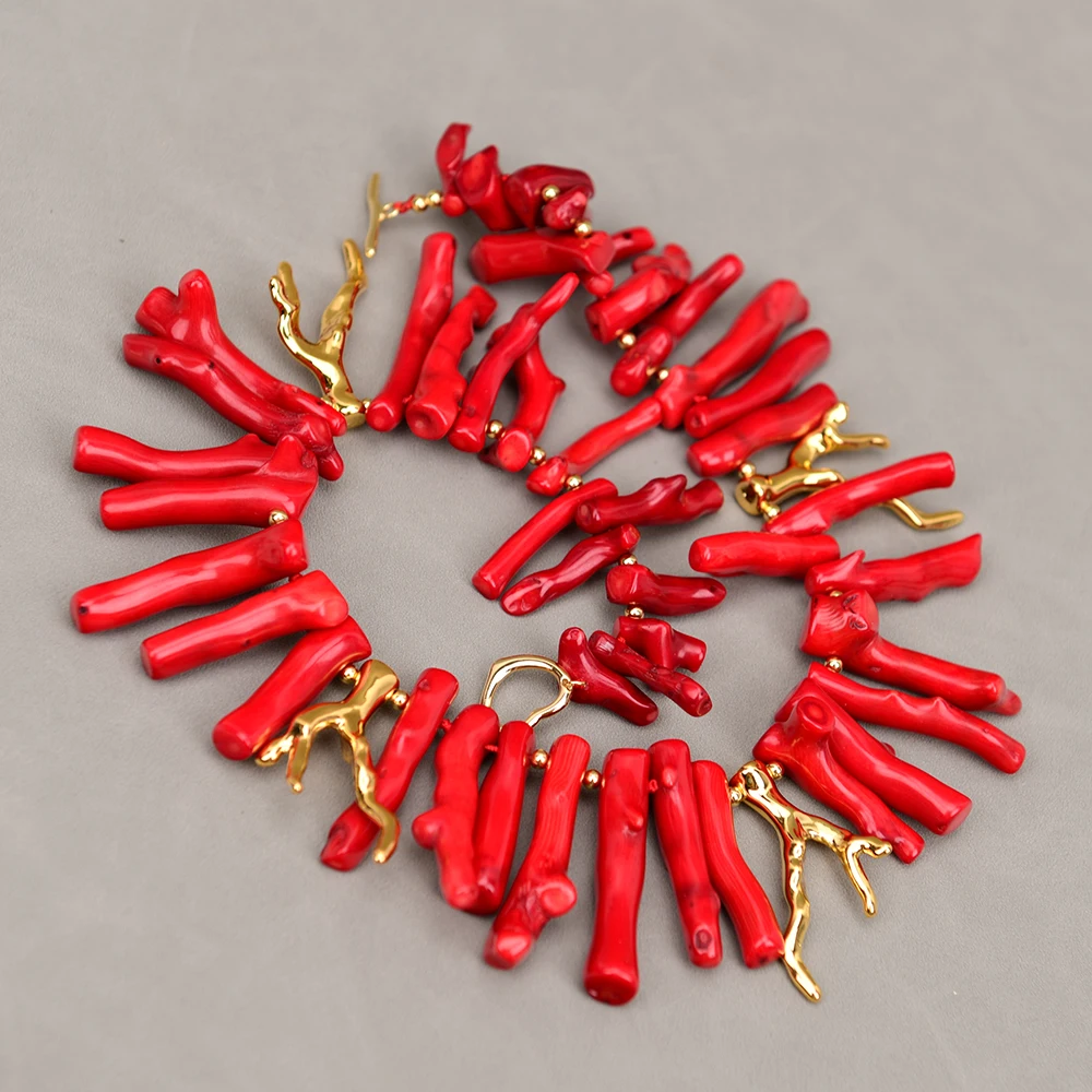 GG 20\'\' Natural Red Coral Top Drilled Branch Golden Resin Branch Chokers Necklace Pendant Handmade Women Gifts