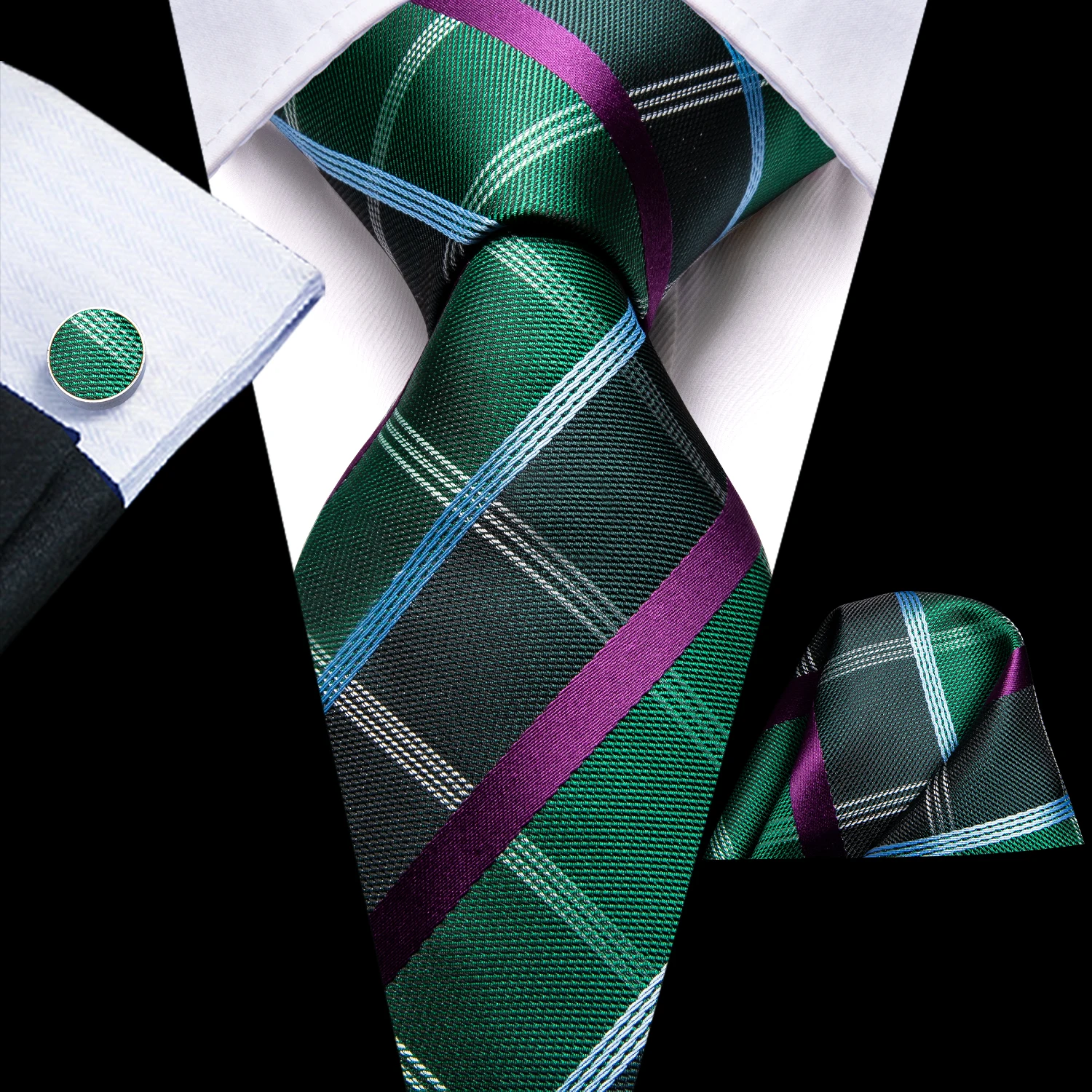 مرحبا التعادل رجل هدية التعادل مجموعة الأخضر الصلبة مخطط الحرير الزفاف التعادل للرجال تصميم الأزياء جودة التعادل المنديل أزرار أكمام مجموعة دروبشيبينغ